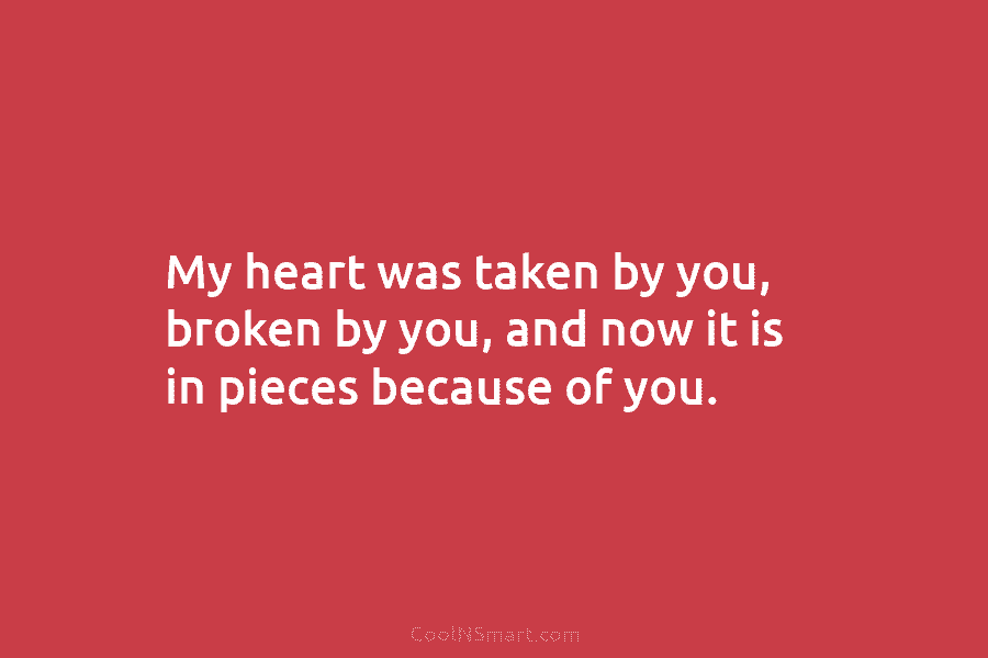 My heart was taken by you, broken by you, and now it is in pieces because of you.