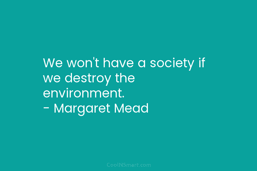 We won’t have a society if we destroy the environment. – Margaret Mead