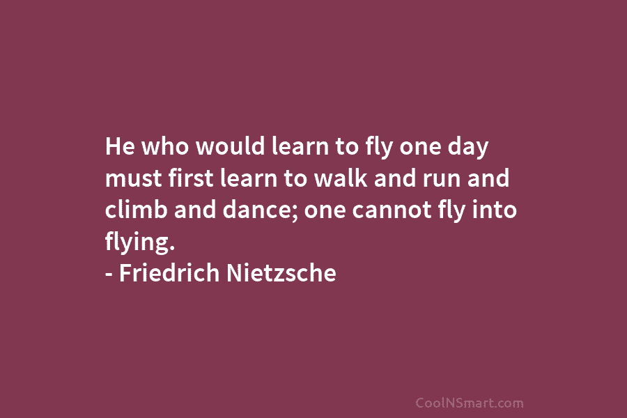 He who would learn to fly one day must first learn to walk and run and climb and dance; one...
