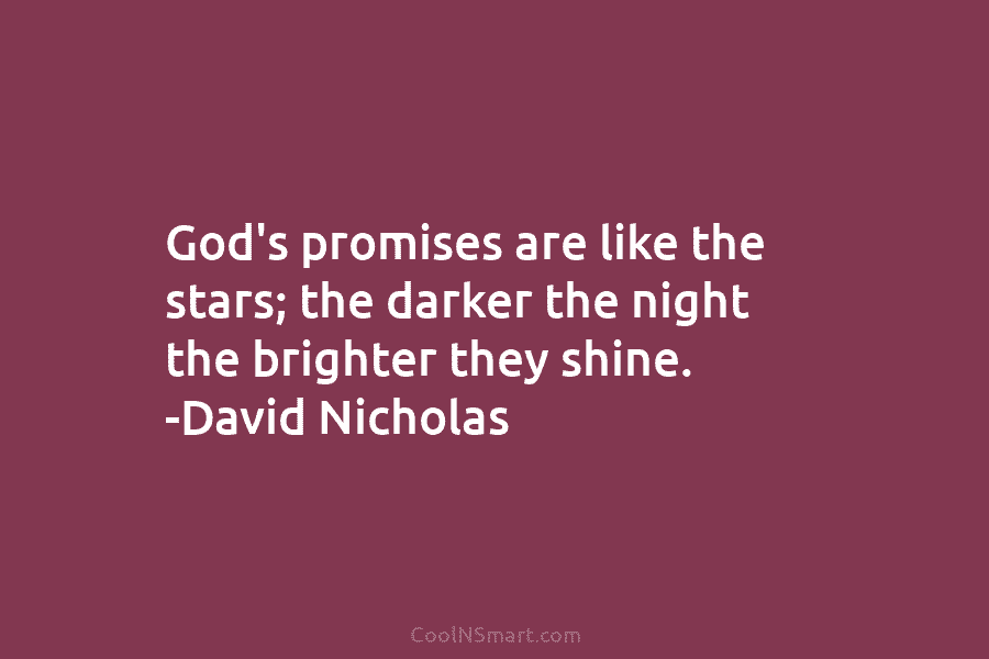 God’s promises are like the stars; the darker the night the brighter they shine. -David Nicholas
