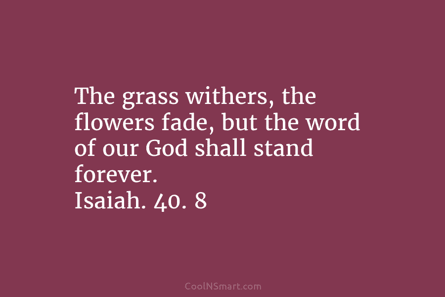 The grass withers, the flowers fade, but the word of our God shall stand forever. Isaiah. 40. 8
