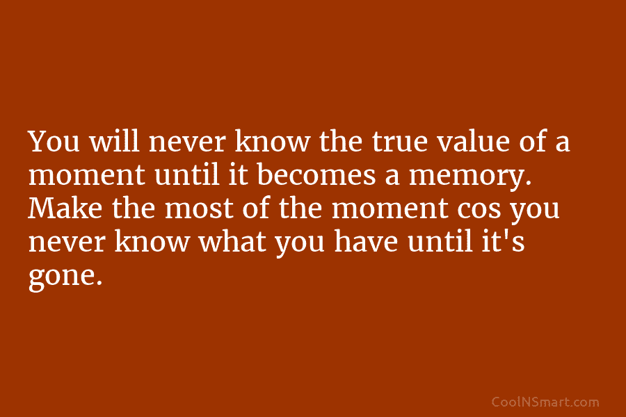 You will never know the true value of a moment until it becomes a memory. Make the most of the...