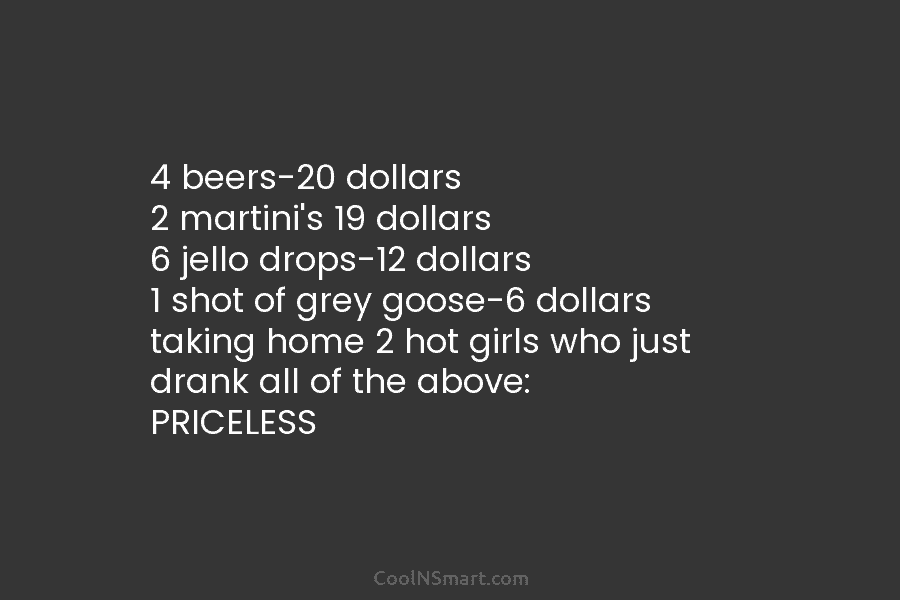 4 beers-20 dollars 2 martini’s 19 dollars 6 jello drops-12 dollars 1 shot of grey...