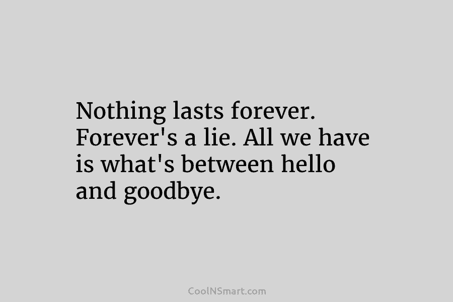 Nothing lasts forever. Forever’s a lie. All we have is what’s between hello and goodbye.