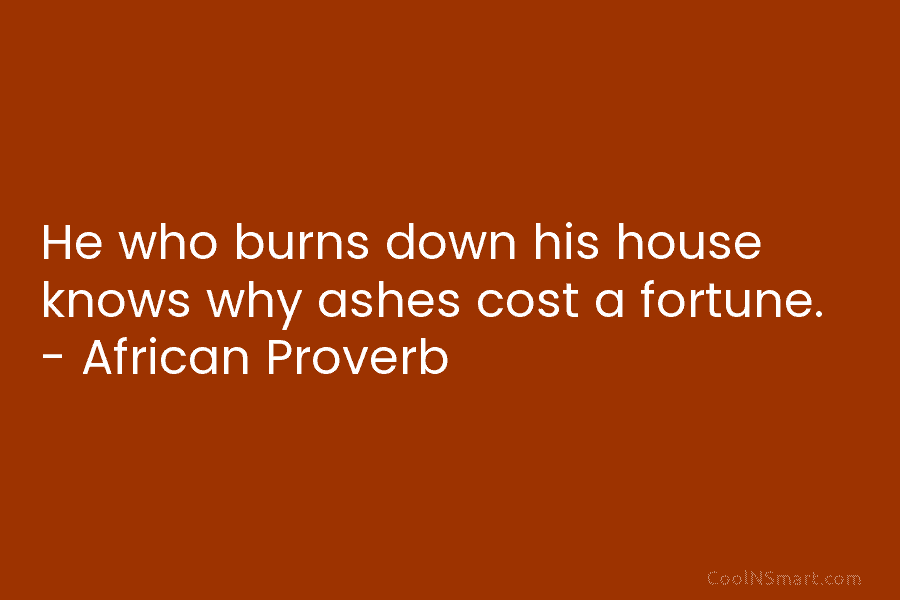 He who burns down his house knows why ashes cost a fortune. – African Proverb