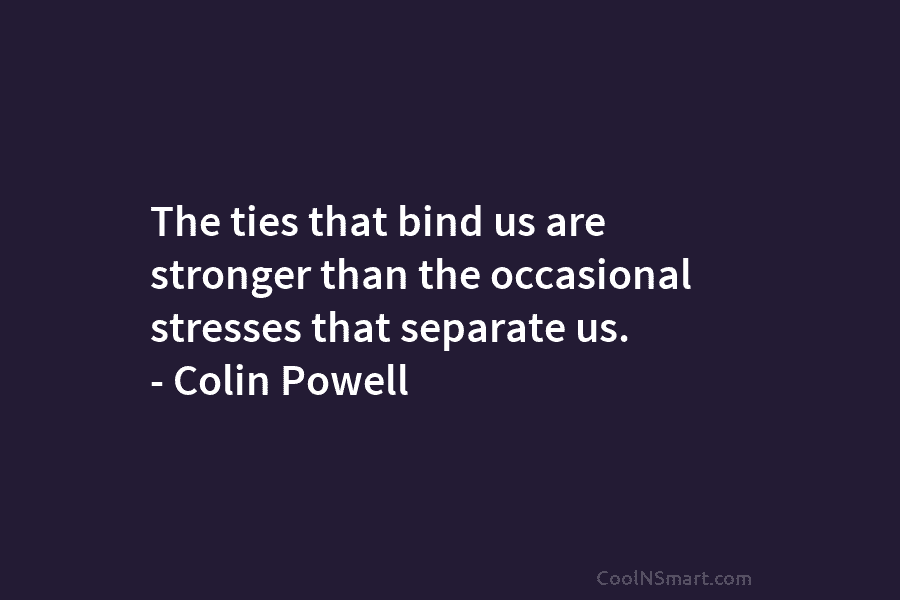The ties that bind us are stronger than the occasional stresses that separate us. – Colin Powell