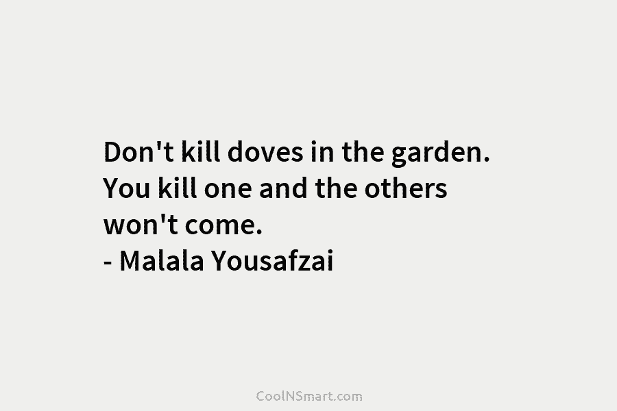 Don’t kill doves in the garden. You kill one and the others won’t come. – Malala Yousafzai