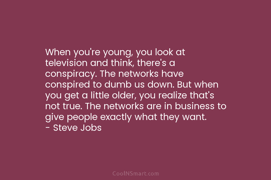 When you’re young, you look at television and think, there’s a conspiracy. The networks have conspired to dumb us down....
