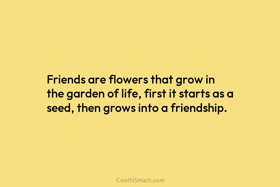 Friends are flowers that grow in the garden of life, first it starts as a seed, then grows into a...