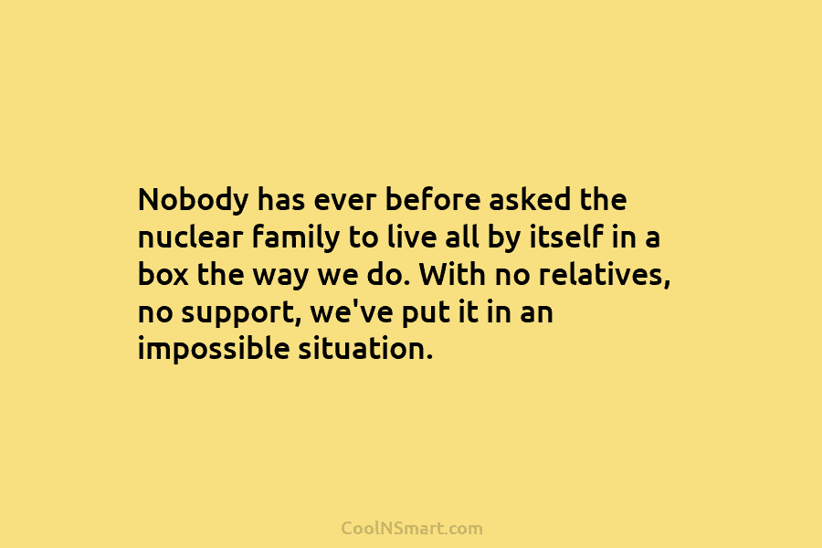 Nobody has ever before asked the nuclear family to live all by itself in a box the way we do....