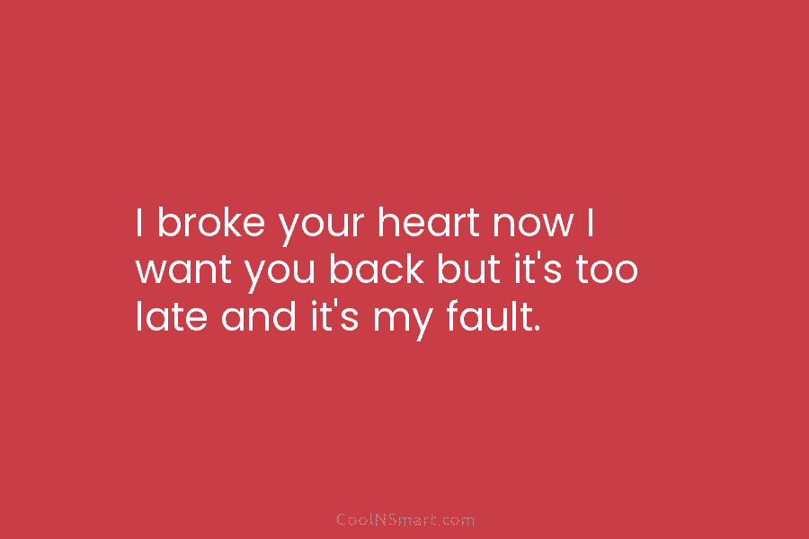 I broke your heart now I want you back but it’s too late and it’s my fault.