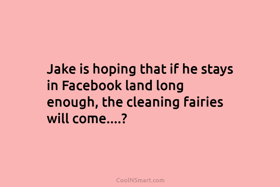 Jake is hoping that if he stays in Facebook land long enough, the cleaning fairies...