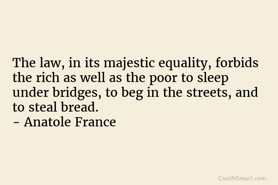 The law, in its majestic equality, forbids the rich as well as the poor to sleep under bridges, to beg...