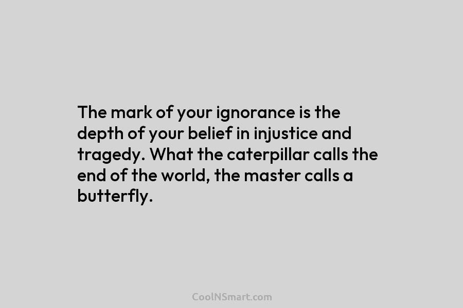 The mark of your ignorance is the depth of your belief in injustice and tragedy. What the caterpillar calls the...