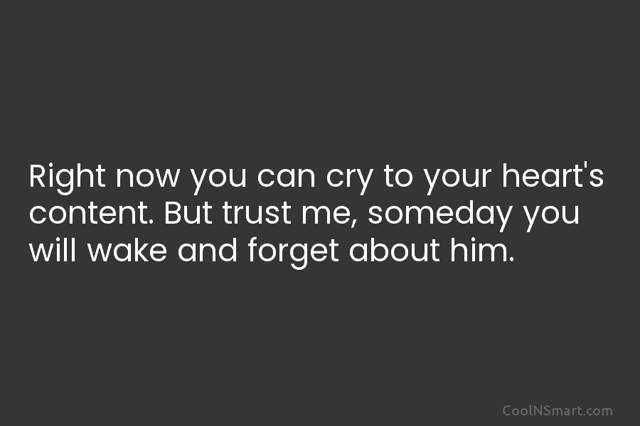 Right now you can cry to your heart’s content. But trust me, someday you will wake and forget about him.