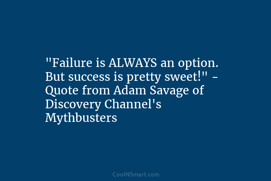 “Failure is ALWAYS an option. But success is pretty sweet!” – Quote from Adam Savage of Discovery Channel’s Mythbusters