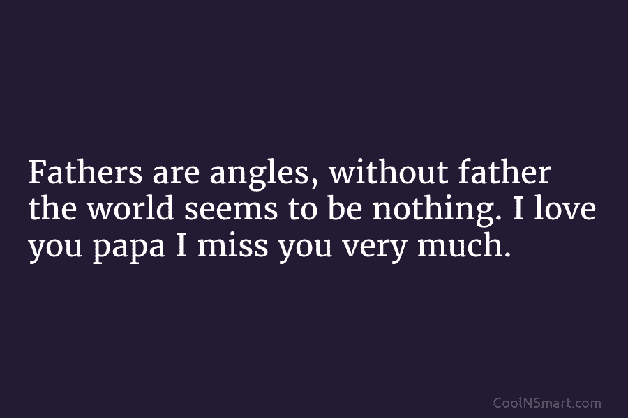 Fathers are angles, without father the world seems to be nothing. I love you papa I miss you very much.