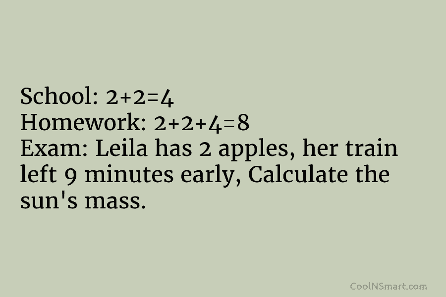 School: 2+2=4 Homework: 2+2+4=8 Exam: Leila has 2 apples, her train left 9 minutes early, Calculate the sun’s mass.