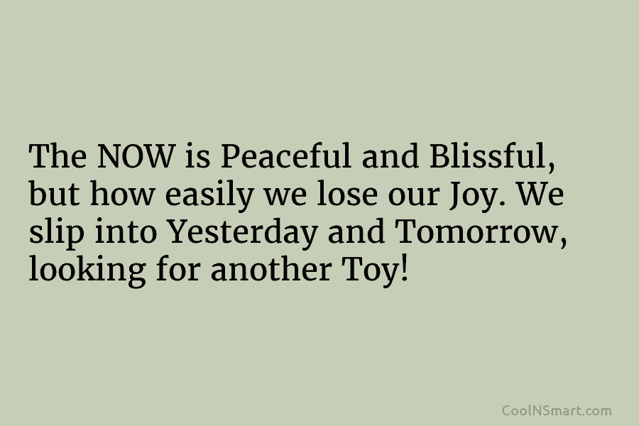 The NOW is Peaceful and Blissful, but how easily we lose our Joy. We slip into Yesterday and Tomorrow, looking...
