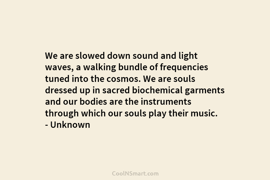We are slowed down sound and light waves, a walking bundle of frequencies tuned into...