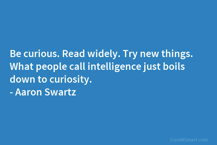 Be curious. Read widely. Try new things. What people call intelligence just boils down to curiosity. – Aaron Swartz