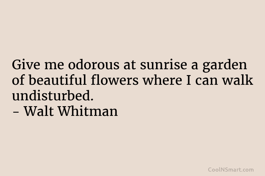 Give me odorous at sunrise a garden of beautiful flowers where I can walk undisturbed. – Walt Whitman