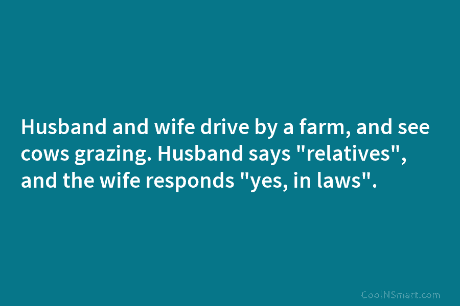 Husband and wife drive by a farm, and see cows grazing. Husband says “relatives”, and the wife responds “yes, in...