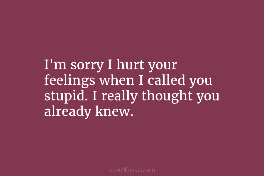 I’m sorry I hurt your feelings when I called you stupid. I really thought you...
