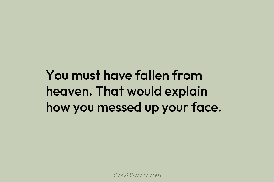 You must have fallen from heaven. That would explain how you messed up your face.