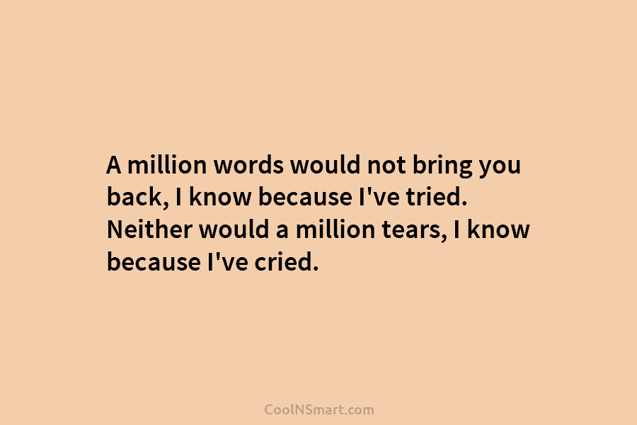 A million words would not bring you back, I know because I’ve tried. Neither would a million tears, I know...