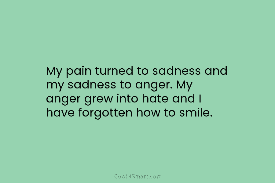 My pain turned to sadness and my sadness to anger. My anger grew into hate and I have forgotten how...